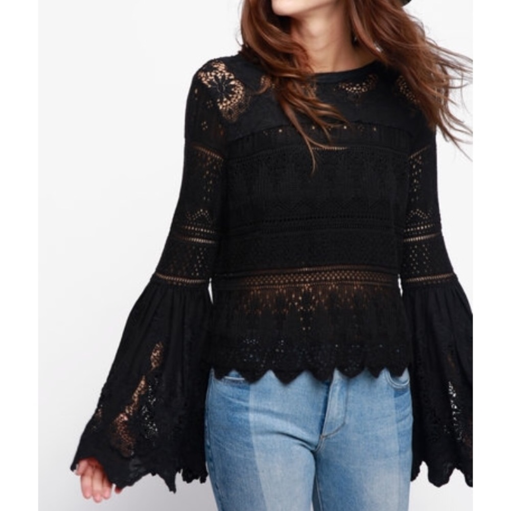 Free People Black Lace Bell Sleeve Top